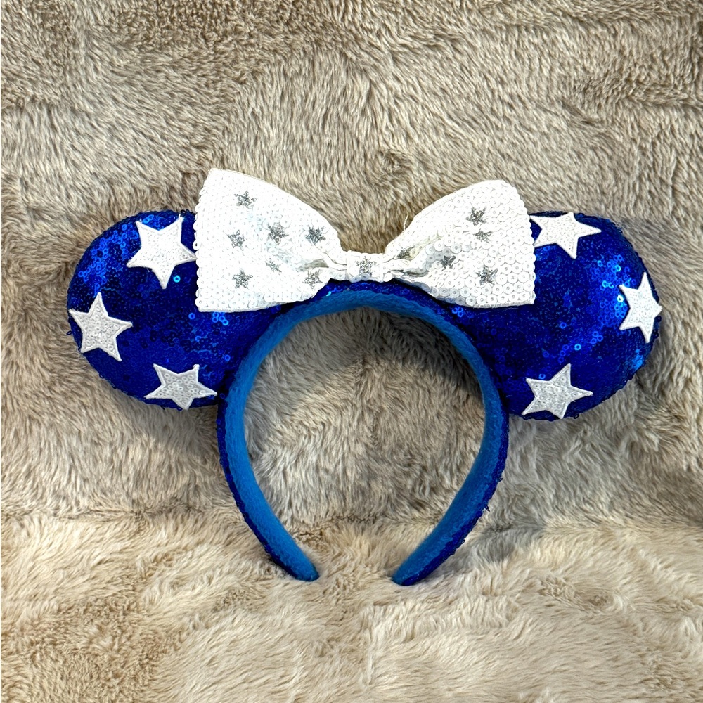 Disney Parks Minnie Ears Headband Blue Sequins White Stars White Bow